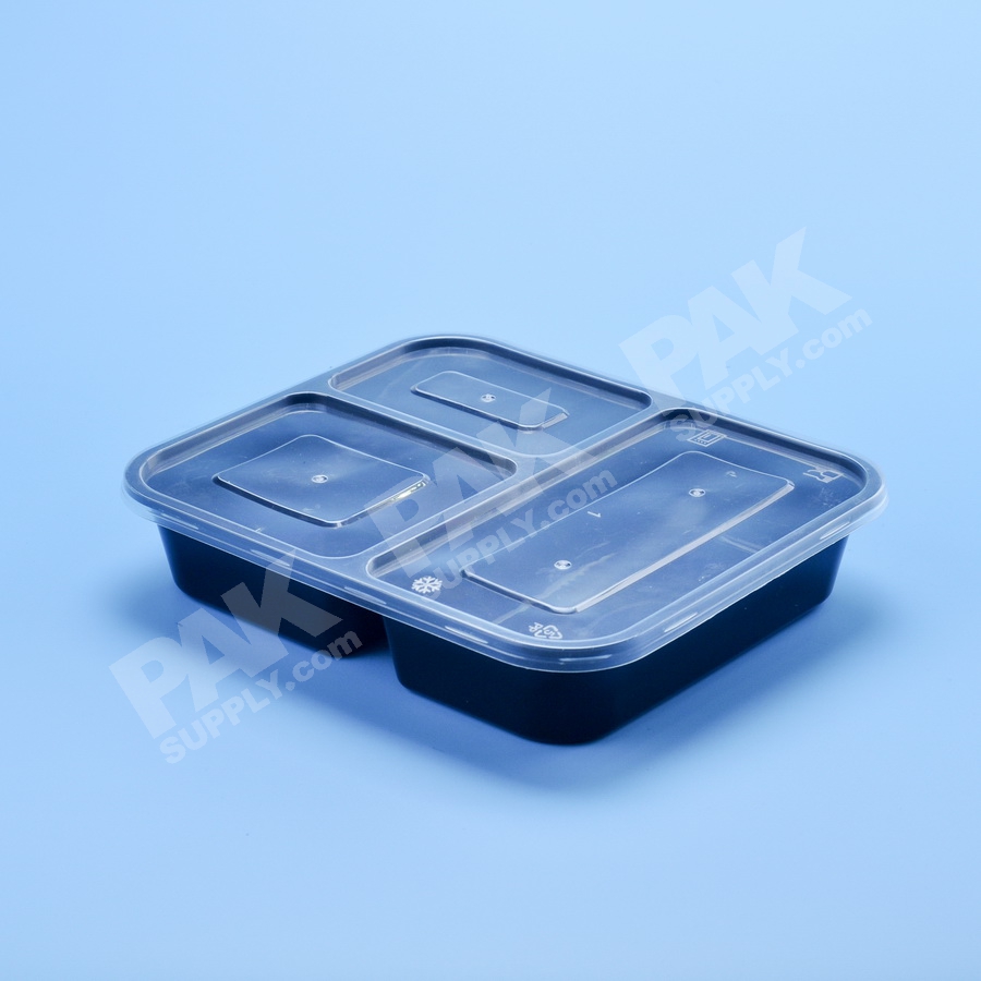 กล่องอาหาร PP ดำ 3 ช่อง 1000 ml + ฝา (50 PCS/PACK)
