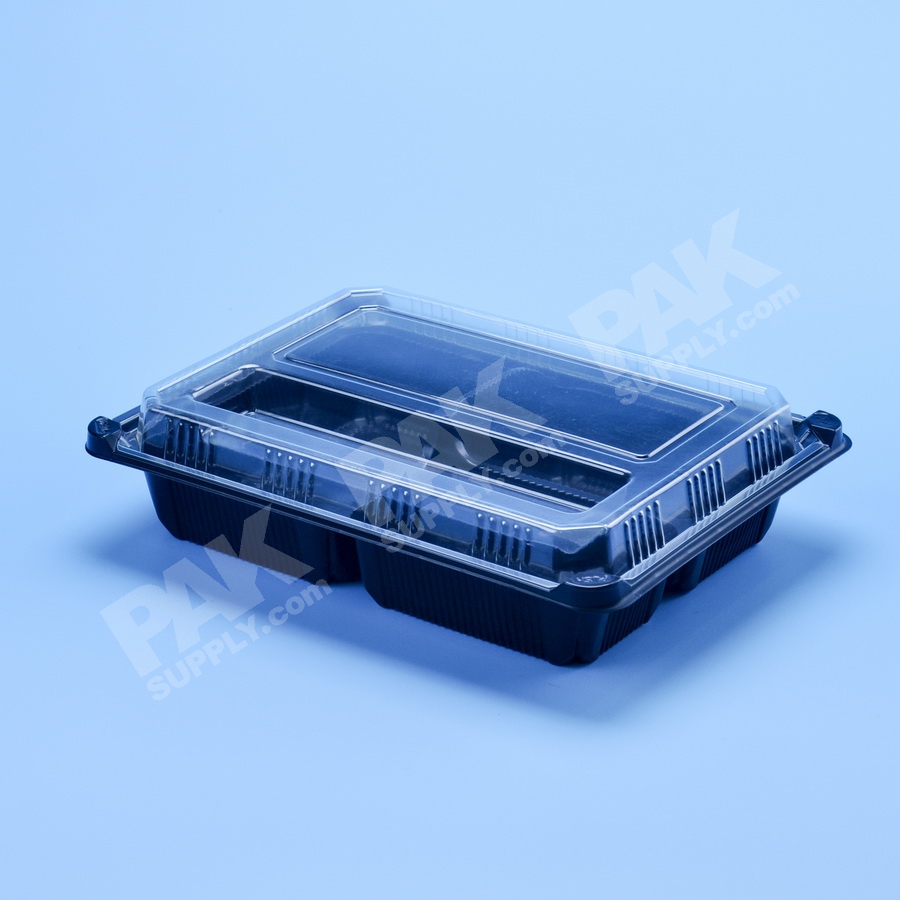 กล่องอาหาร PP ดำ 3 ช่อง (EX) + ฝา PET วางช้อน (25 PCS/PACK)