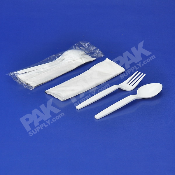 ชุดช้อน-ส้อมพลาสติกขาว+ทิชชู่ แพ็คในซองพลาสติก (50 PCS/PACK)
